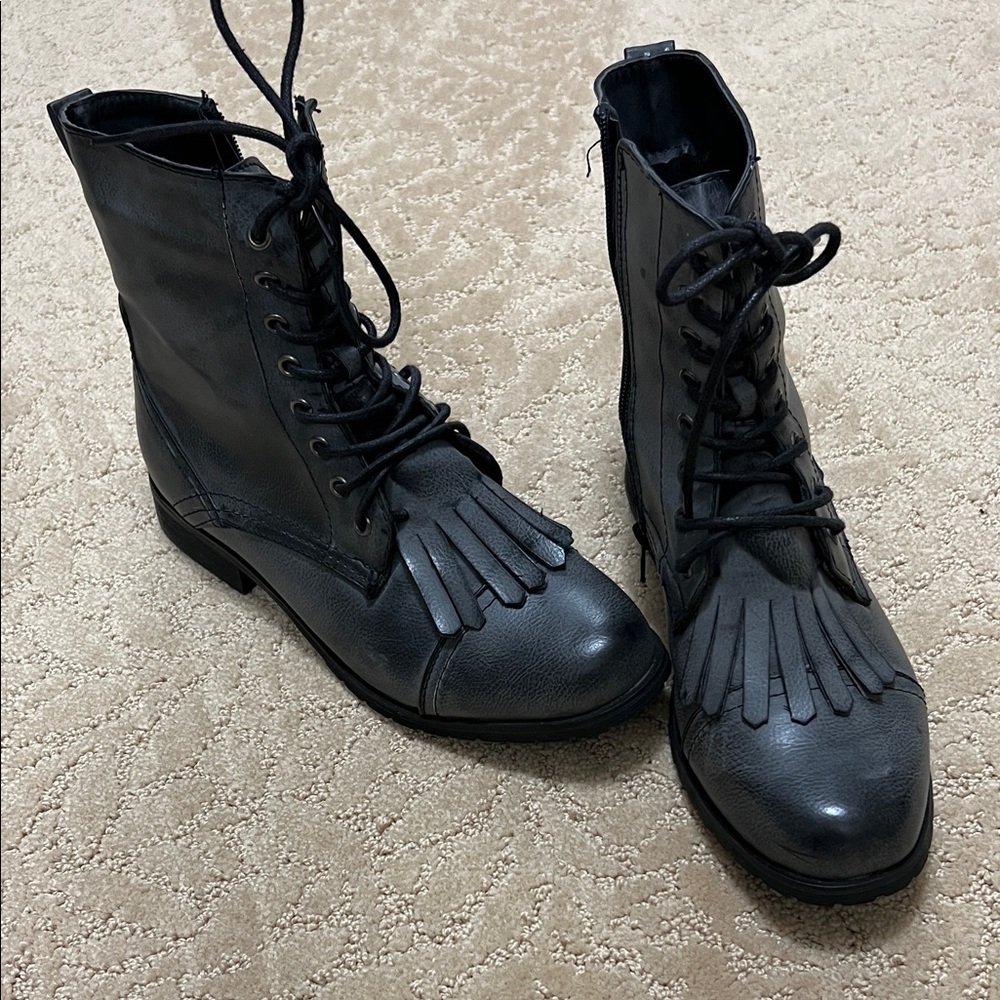 Bucco Black Fringe Lace-Up Combat Boots